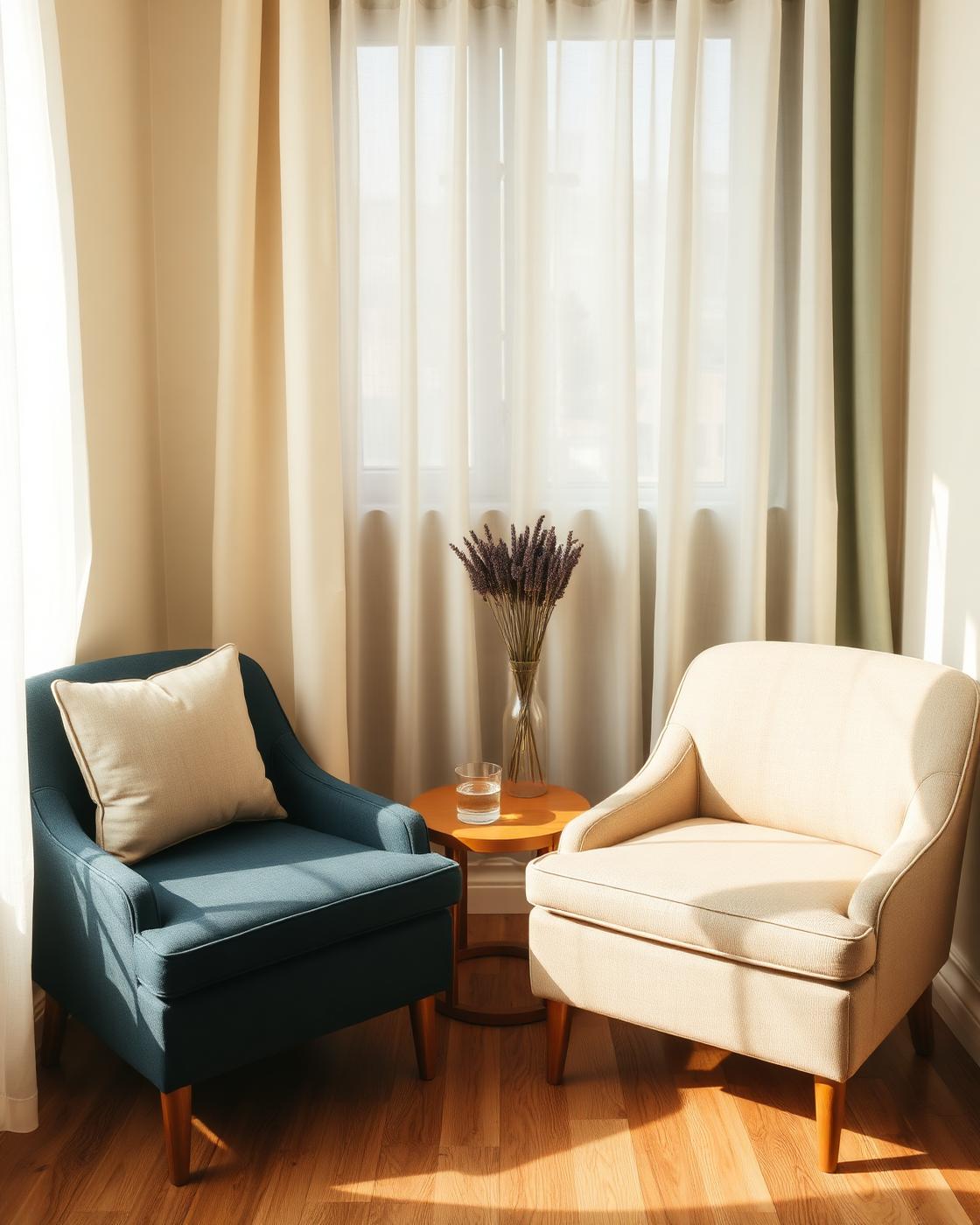 Sala de atendimento com duas poltronas acolhedoras, mesa lateral com vaso de lavanda e cortinas em luz natural.